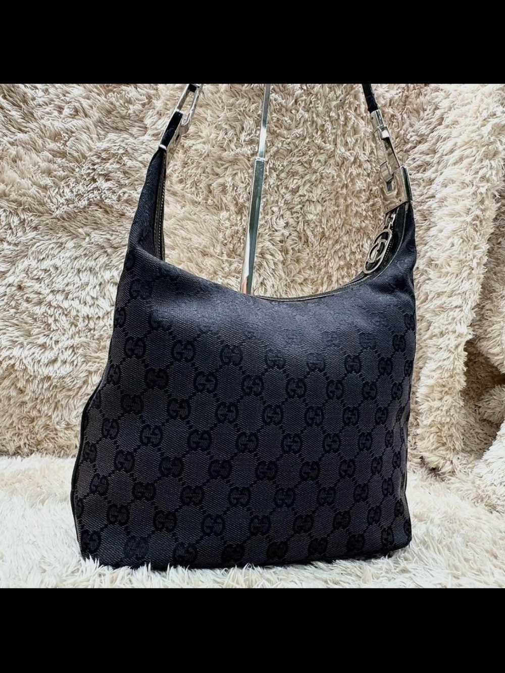 Gucci Black Monogram Shoulder Hobo Bag